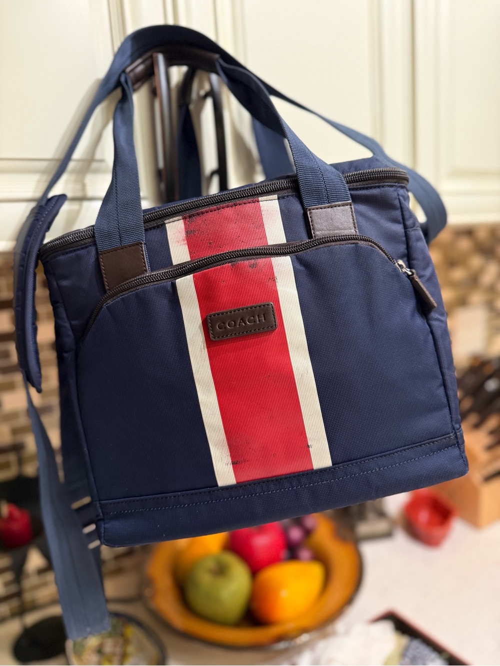Coach Navy Toiletry Bag with Red and White Center Stripe Panel